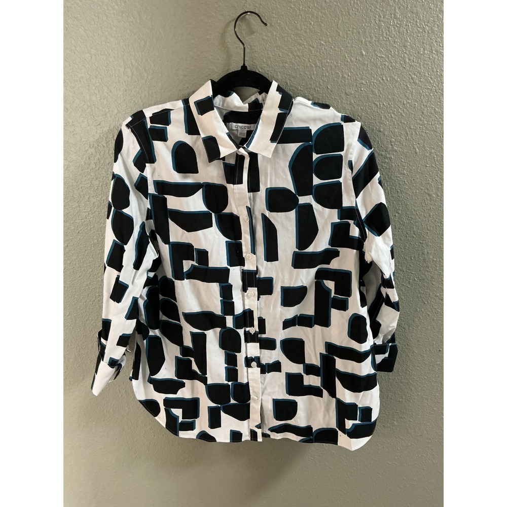 Chico's Button Down Shirt Womens 2 Size 12 White Black Teal Excellent Geometric